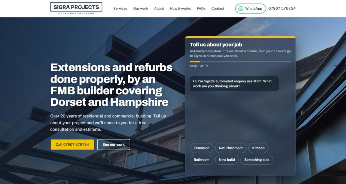 The Sigra Projects website: a builder's hero section with an enquiry assistant card reading 'Tell us about your job', step 1 of 10